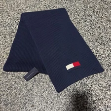 Tommy Hilfiger Navy Blue Ribbed-Knit Logo Flag Winter Scarf One Size NWT New