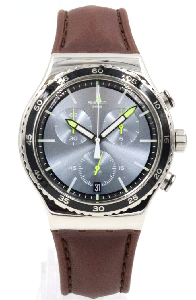 New Swiss Swatch Irony STOCK XCHANGE Chrono Date Leather Watch