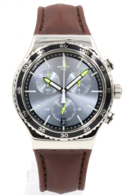 New Swiss Swatch Irony STOCK XCHANGE Chrono Date Leather Watch 44mm YVS429 $190