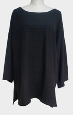 Eileen Fisher L Black Ribbed Tencel Knit Top Oversized Drop Shoulder Sweater