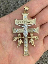 14k Gold Plated Solid 925 Silver Caravaca Cross Double Crucifix Men LARGE 2.5"