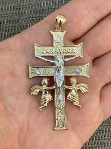 Authentic 14k Gold Plated Solid 925 Silver Caravaca Cross Double Crucifix Men LARGE 2.5"