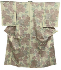 Japanese Vintage Kimono Silk White Tsumugi Expensive Flower Height 61.02in