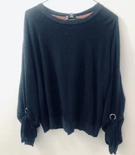 Women- Neman Marcus Black Pullover Sweater Small With Silver Holed Sleeve Ties