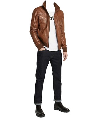 Men's Brown Bomber Jacket 100% Real Lambskin Leather Vintage Moto Rider Jacket