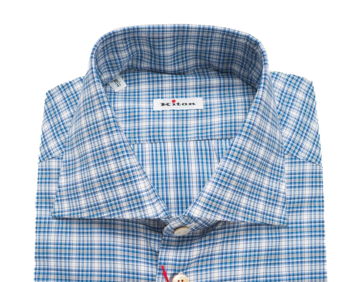 Chemise Habillée Kiton 100% Coton Bleu Et Blanc à Carreaux - Taille 15.75 (40 Po), Neuve Avec étiquettes, Fabriquée En Italie