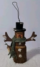 Wooden Log Snowman Christmas Ornament Figurine Hand-painted Rustic Farmhouse 5"