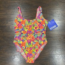 Vtg 80s Gitano One Piece Swim Suit High Cut NWT 13/14 Neon Colors Floral Bathing