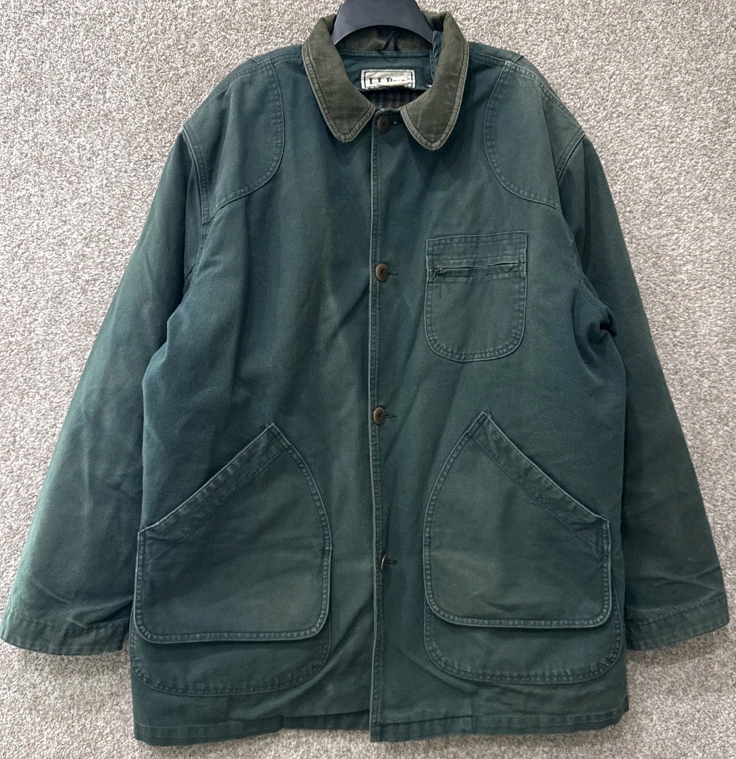 Vtg LL Bean Mens Large TALL Green Canvas Lined Insulated Barn Chore Coat Jacket