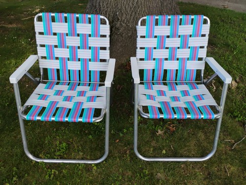 Vintage Folding Lawn Chairs Aluminum Frames Woven Webbing Purple Teal Blue Green