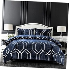 Metallic Print Comforter Set, Distressed Velvet Face with King Navy Silver