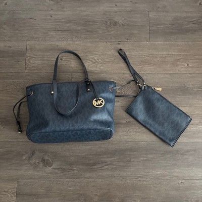 Michael Kors MK Monogram Blue Tote Bag Drawstring Gold Hardware Zip Pouch