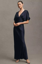 BHLDN Amelia Deep-V Flutter-Sleeve Satin A-Line Gown - Ship From US