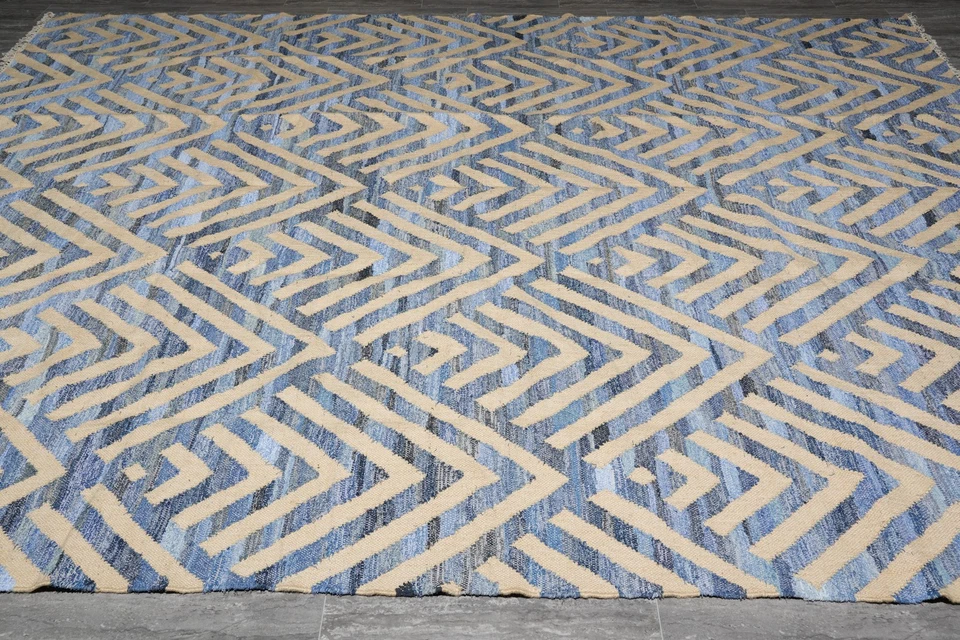 Alfombra moderna de lana tejida plana hecha a mano 9 x 12 lana y bambú seda #F-4078 Foto 3 de 4