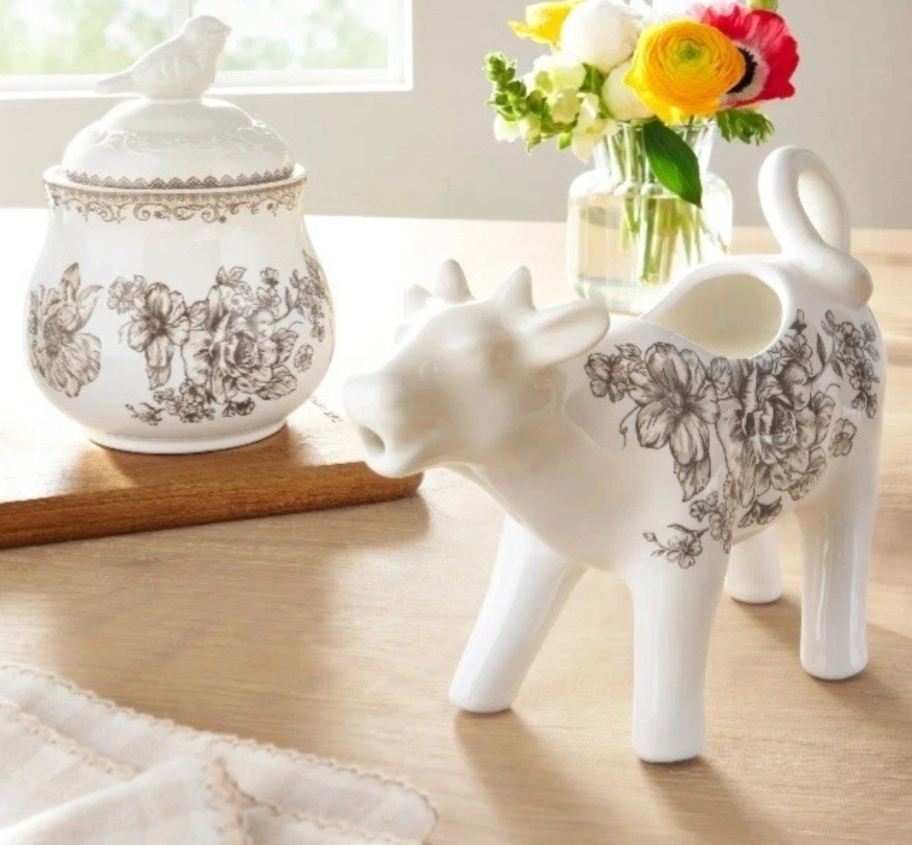 NEW Pioneer Woman Agatha Stoneware Sugar Bowl & Creamer Brown Floral Kitchen Set