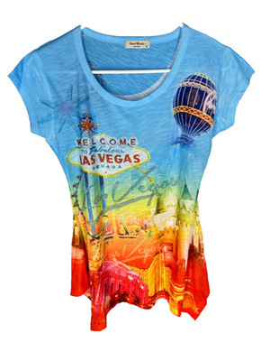 Sweet Gisele Las Vegas Graphic Tshirt Womens M Blue Rhinestones New