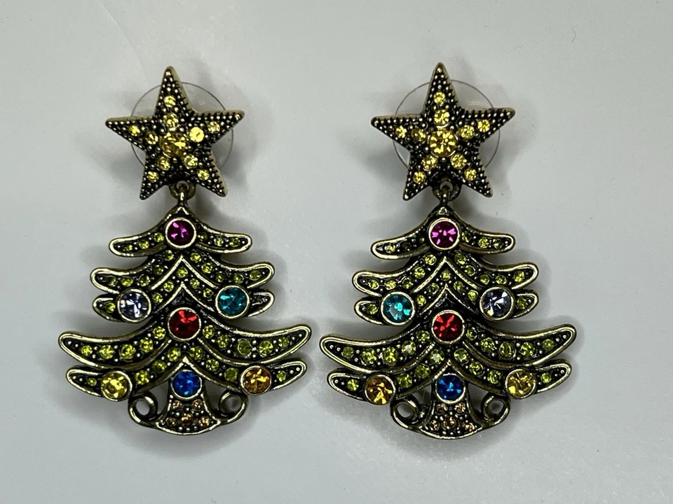 Heidi Daus Earrings Evergreen Tree Christmas Tree RARE Dangle Crystals Signed Foto 2 de 4