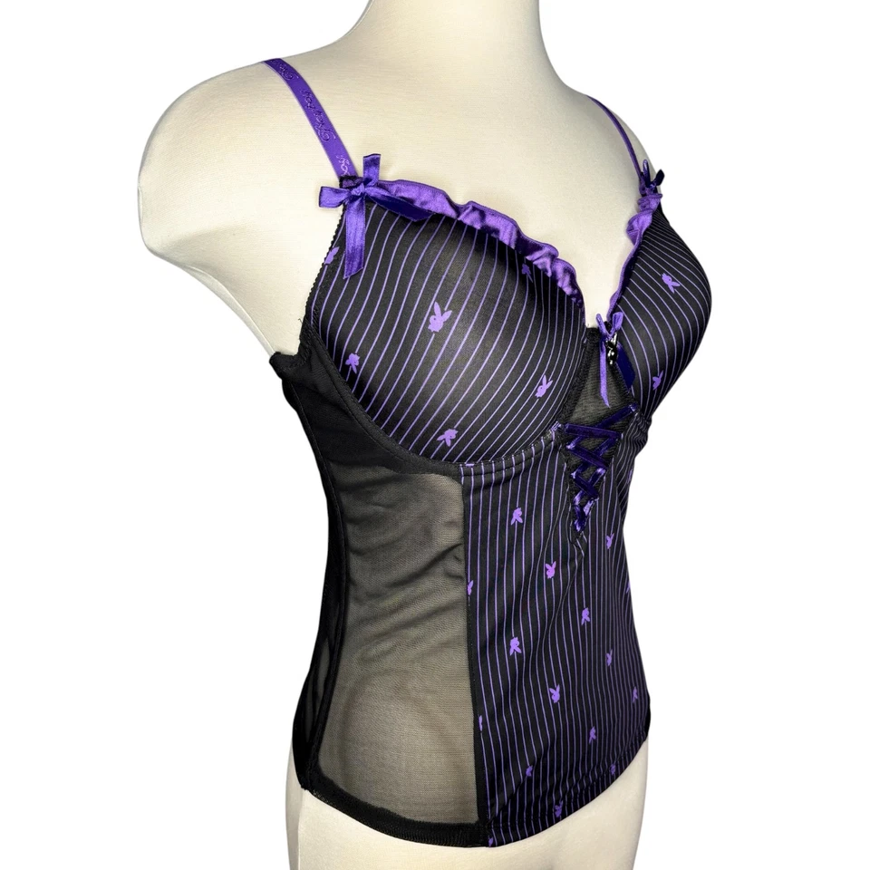 Top corsé Playboy púrpura negro a rayas con detalle de volantes logotipo con aros talla grande Foto 4 de 4