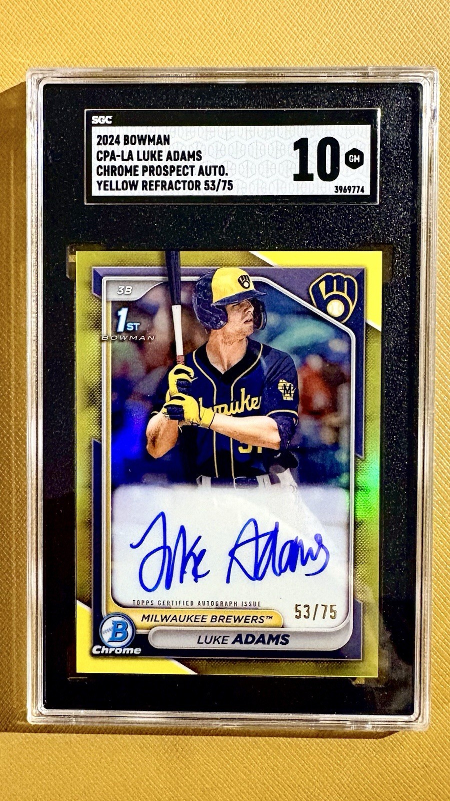 2024 Bowman Chrome Luke Adams 1st Auto Yellow /75 SGC 10 GEM MINT Color Match