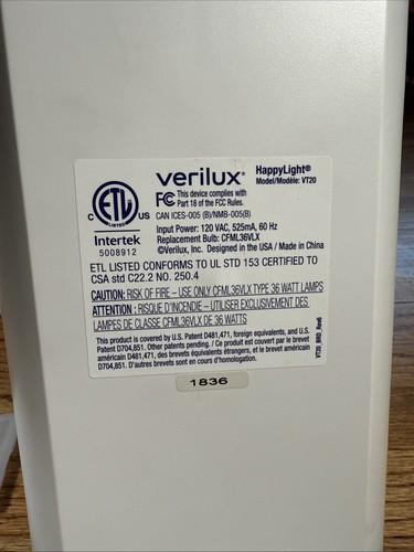 Verilux Happy Light Liberty 10K VT20 Seasonal Therapy Lamp White - Picture 5 of 7