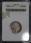 1935 D - Buffalo Nickel 5C - ANACS MS60 Old Soap Box Holder #465