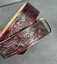 Tony Lama Tooled Leather Belt Floral Scroll Oxblood Brown Made USA 25 / 26