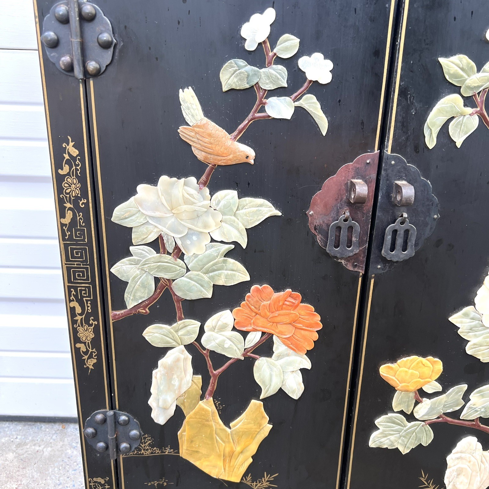 Chinese Black Lacquer Gold Hand Painted Cabinet Stone Relief Bird Flower MCM SEE