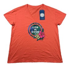 Life is Good Shirt Womens L Sleep Tropical Hibiscus Relax Coral Orange Lounge