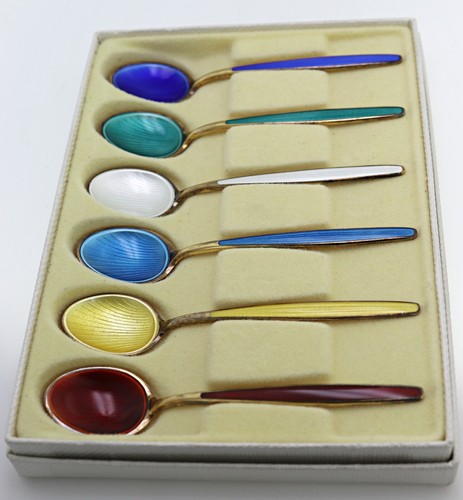 David Andersen Norway Sterling Silver Gilded & Enameled 6 Coffee Spoons Set - Picture 8 of 11