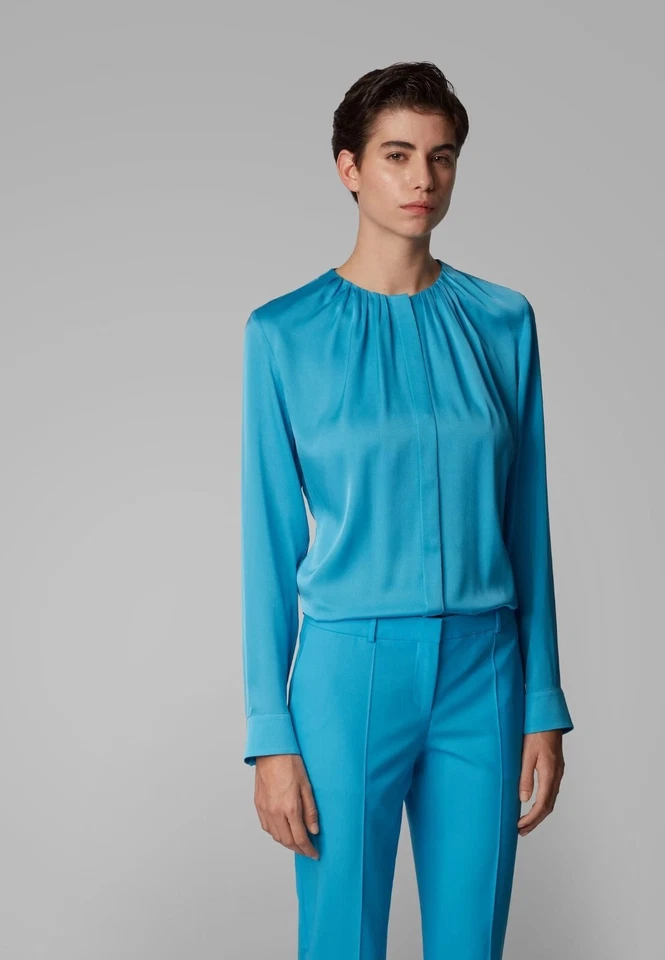 Blusa Top Camisa HUGO BOSS Azul Banora Satén Elastizada Seda Plisada 2 EE. UU. = XS 38IT Foto 2 de 4