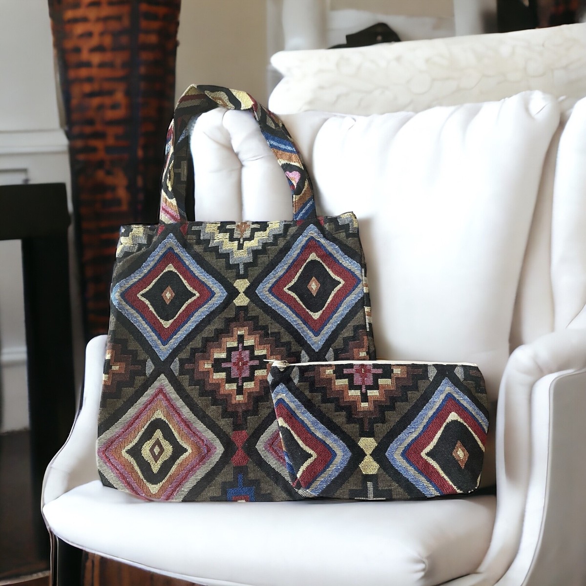Aztec Pattern Black Canvas Tote With Large Matching Zip Pouch