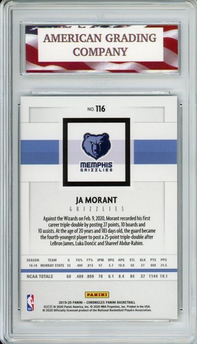 2019 Chronicles #116 Ja Morant AGC 10 Gem Mint Young Dolph Grizzlies RC Green - Picture 2 of 2