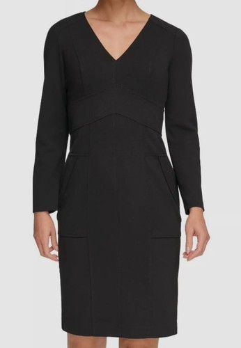 Dkny Women's Black V-Neck Long Sleeve Sheath Dress Size 16