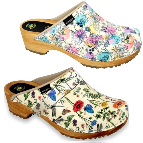 Clogs HERBS SKULL KLOGGA Flowers Patent Leather Wooden Original handmade Klompen