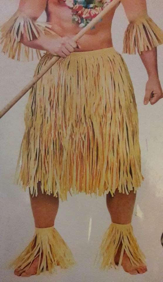 Disfraz de Fiesta Luau Hawaiano Para Hombre - Falda Rafia - Puños - Floral Leis 7 Piezas Foto 3 de 4