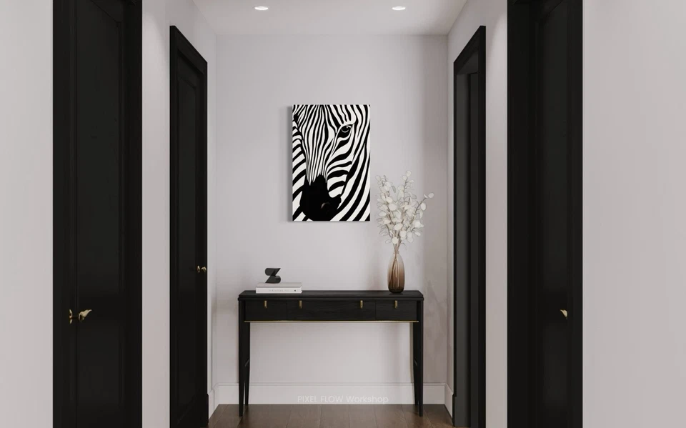 Arte moderno de línea abstracta de cebra - impresión en lienzo minimalista en blanco y negro Foto 4 de 4