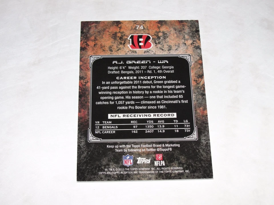 2013 Topps Inception A.J. GREEN #74 Yellow Variant/75 Cincinnati BENGALS Georgia - Image 2 of 2