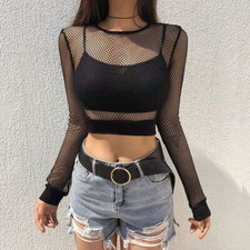 Lady Mesh Crop Top Long Sleeve See Through Shirt Sheer Blouse Sexy Clubwear Chic
