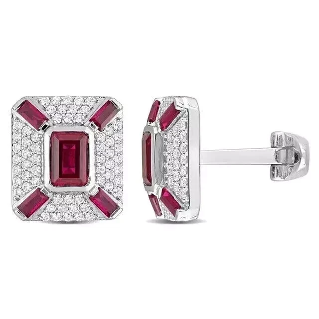 Мужские запонки с рубиновыми бриллиантами изумрудной огранки покрытие белым золотом 14 карат 3 карата Lab Created - Изображение 4 из 4