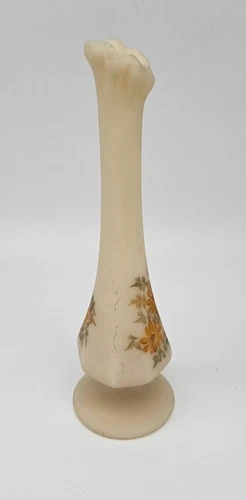 VTG Fenton Satin Custard Daisies Bud Vase Hand painted by D. Mageehan Green