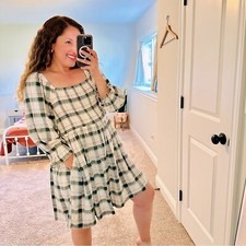 Madewell Cotton Black Blue Pink Smocked Square Neck Mini Dress Large