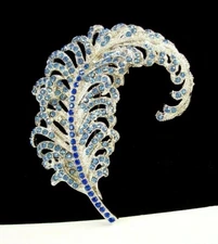 Feather Quill Pin/Brooch Dimensional Silver-Tone w/Sparkly Blue Crystals - WOW!