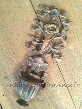 Superbe ancien ornement décor benitier bas relief Bronze Vierge Marie ange XIXèm