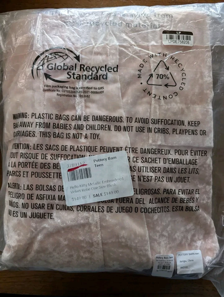 Bata de terciopelo metálico Hello Kitty® POTTERY BARN TEEN - Rubor - Nueva con etiquetas Foto 4 de 4