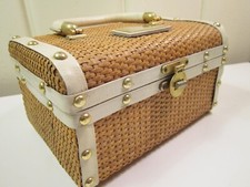 Woven Wicker Box Purse, Brown, White Faux Leather Trim, Gold Studs MadeHong Kong