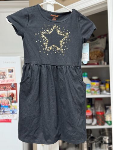 NWT Little Girls Cat & Jack Black Gold Star Pullover Dress Sz 6 6x w/free ship!