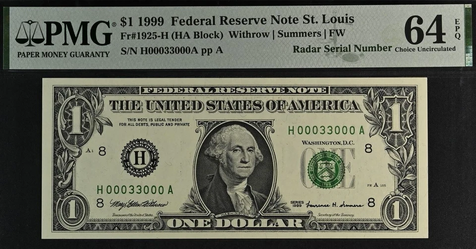 1999 $1 FRN PMG 64EPQ birthday super radar serial number 00033000 - Image 2 of 3