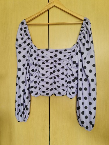 Asos size 12 purple lilac black polka dot print ruffle crop top long sleeve - Picture 6 of 7