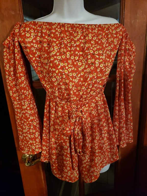 Orange Floral Romper M Outfit Off Shoulder Bell Sleeve Rue 21 Stretch NWT