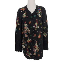 Vintage Michael Simon Beaded Christmas Cardigan Womens Size Medium Black 1995